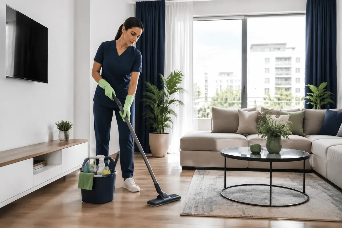 Profesionist pregătind serviciul: Curățenie apartament